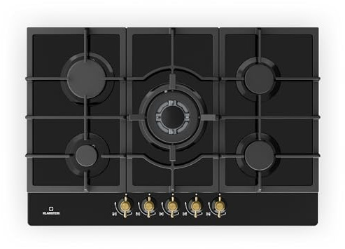 Klarstein Victoria Gas Hob, Built-in Gas Cooker with Sabaf Burners, Natural Gas/Propane, Safety Valves and Automatic Shut-Off, Cast Iron Pan Supports, Glass Ceramic Retro Design, 4 Burners, Black