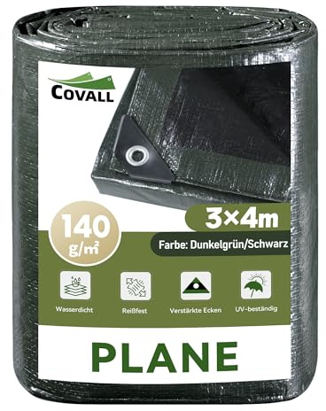 COVALL telo impermeabile resistente rinforzato 3mx4m,140g/㎡ plastica telone | Resistente UV e strappo, occhielli rinforzati, multiuso per camion, auto, giardino, tetto, campeggio e arredi terrazzo