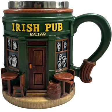 locwanot Tazza da birra in ceramica scolpita con coperchio in acciaio inox, verde, 300 ml, design classico EST.1999 con barile e sgabelli