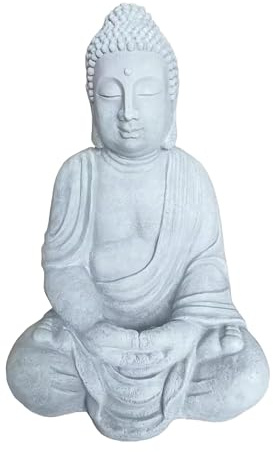 Relaxdays Buddha Figur sitzend, XL 70 cm, Gartenfigur, Vintage Dekofigur Wohnzimmer, wetterfest, frostsicher, hellgrau | Vintage Dekofigur Wohnzimmer, wetterfest, frostsicher