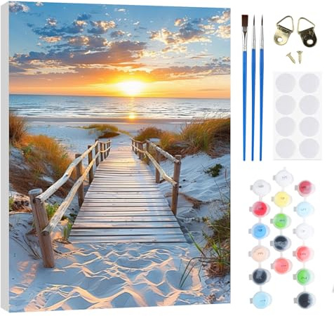 RICUVED Playa Pintar por Numeros Adultos Mujer con Marco,Paisaje DIY Cuadros para Pintar por Numeros con Caballete de Madera, Pintura Acrilica Manualidades Adultos Decoracion 20x30cm