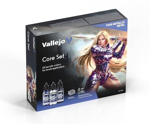 Vallejo True Metallic Metal Core Set - Set Completo Pintura Metalizada para Miniaturas - 60 Colores True Metallic Metal de 18ml + Pincel