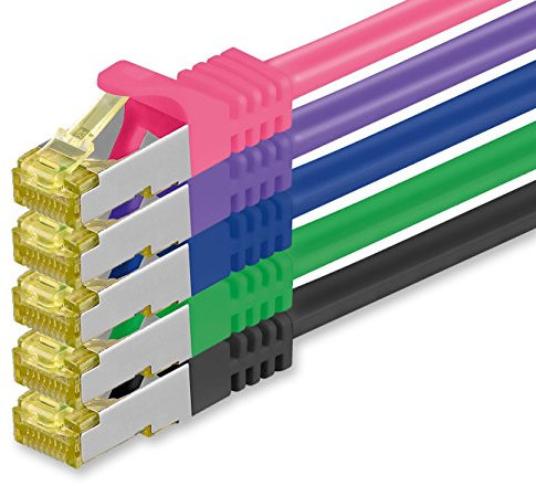Cat.7 Patch Cable Set, S/FTP (PiMF) Ethernet LAN Network Cables, 10 Gigabits/10000 Mbps – High Speed – 600 MHz with Locking Protection, Halogen-Free (LSZH) 5 Couleurs 02 - 5 pièces 1m
