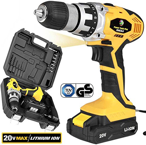 Bakaji Power Tools Trapano Avvitatore a Batteria al LITIO in Valigetta 20V Cordless Doppia Velocità con LED Light Work, Mandrino Autoserrante, Impugnatura Ergonomica, con batteria Litio
