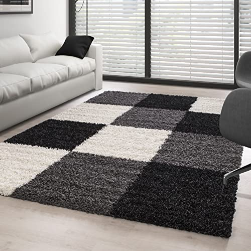 Carpettex Hochflor Teppich Wohnzimmer Shaggy Flokati Teppich Modern Kariert Design Kleiner 60 x 110 cm Flur Teppich Läufer Schwarz - Teppich Schlafzimmer Weich Flauschig Waschbar Küchenläufer