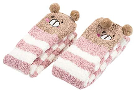 BIKMAN 2 Pair Long Coral Fleece Floor Socks Cartoon Cute Over-knee Socks (Bear)