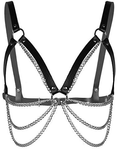 inhzoy Damen Brust Harness Verstellbar Körpergeschirr Gürtel Riemen BH Offene Brust Punk Gothic Zubehör Party Tanz Schwarz+Silber Typ_A