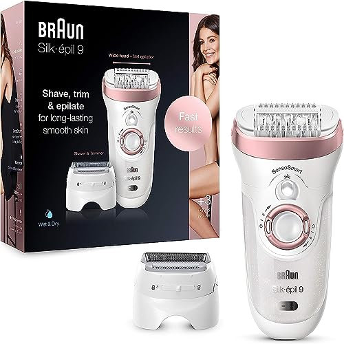 Braun Silk-épil 9 Depiladora Eléctrica Mujer con Tecnología SensoSmart y Cabezal de Afeitado y Recorte, Uso en Seco y en Mojado, Inalámbrica, 9-720, Blanco/Oro Rosa