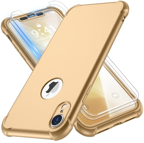 ORETECH für iPhone XR Hülle Silikon mit Schutzfolie,Gold | Militärschutz Stoßfest Kratzfest Handyhülle für iPhone XR, Vollständiger Kameraschutz, Vorne und Hinten Schutz Case