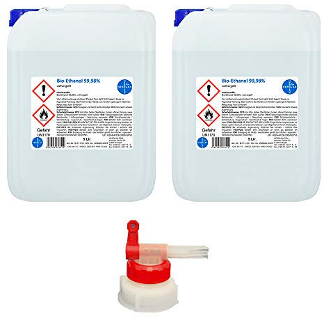 Kamin-Ethanol 99,98% Alkohol-Gehalt, reinst, wasserfrei I 10 Liter / 2 x 5 Ltr. Kanister I inkl. 1 x AGH I HERRLAN-Qualität I Made in Germany