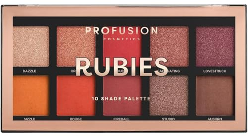 Profusion Cosmetics Rubies 10 Shade Eyeshadow Palette (blendable multi-finish corals and reds to crimson hues)