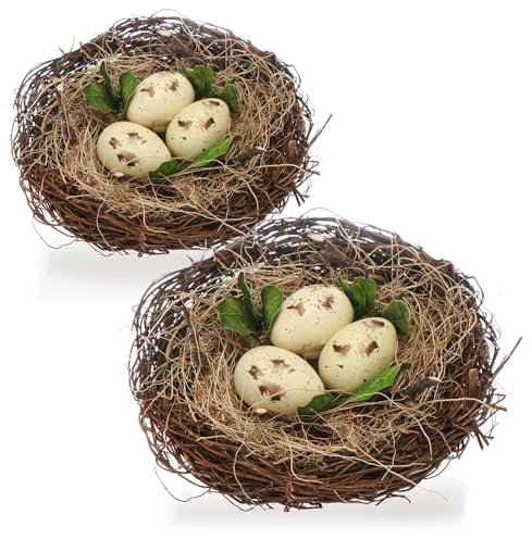com-four® 2X Deko-Vogelnest mit Eiern, naturgetreues Nest aus Zweigen und Stroh mit Kunsteiern, tolle Dekoration zu Ostern, realistisch, handgefertigt (2 Stück - Vogelnest mit Ei 16x16cm)
