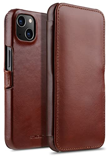 STILGUT Book Case kompatibel mit iPhone 13 mini (5.4“) Hülle aus Leder mit Clip-Verschluss, Klapphülle, Handyhülle, Lederhülle - Cognac Nappa