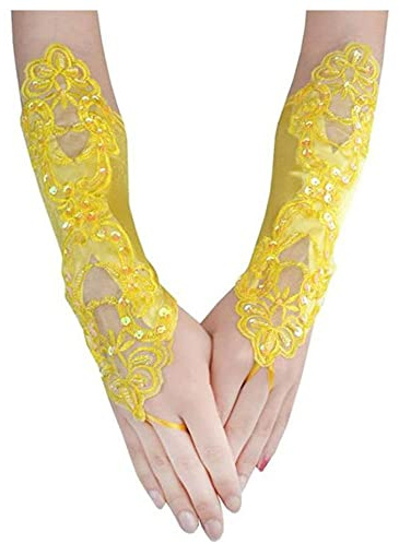 GIVBRO Guanti da donna in pizzo senza dita, guanti da sposa, accessori per feste e matrimoni, colore: giallo