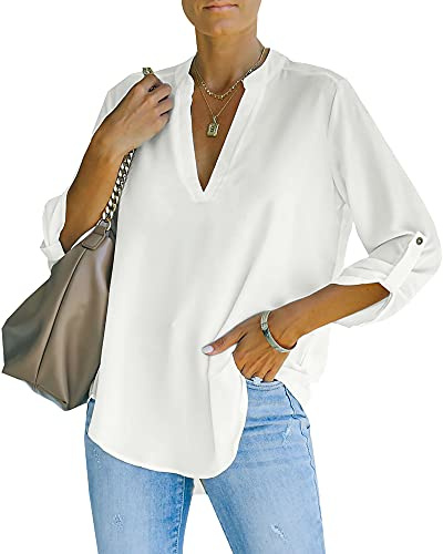 NONSAR Blusa elegante para mujer con cuello en V, blusa Henley con mangas que se pueden remangar, blusa suelta, Blanco, XL