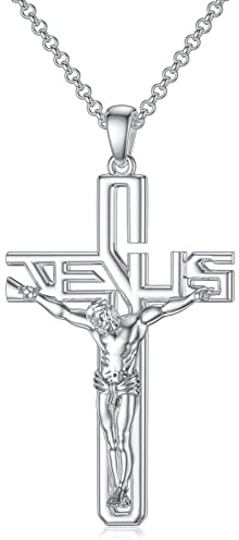 ROMANTICWORK Kreuz Jesus Kette Sterling Silber Kreuz Anhänger Halskette Christliche Jesus Religiöser Schmuck Geschenke für Herren Damen