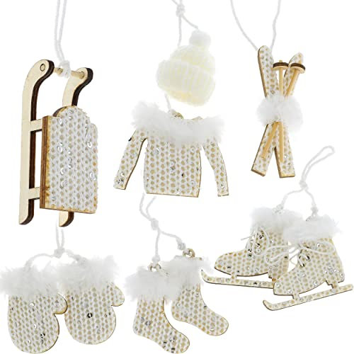 alles-meine.de GmbH 30 TLG. Deko Set - Winter & Weihnachten - Glitzer - weiß - Ski/Schlittschuhe/Schlitten - Strick Pailletten - aus Holz - Miniatur/Diorama - Anhänger - We..