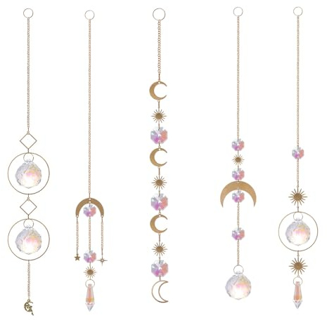 Sonnenfänger Kristall Windspiel, 5 Stück Hanging Windspiel Regenbogen Sonnen Mond Anhänger Kristall Anhänger Deko für Fenster Haus Garten Weihnachten Tag Party Hochzeit Dekoration Glas Lichtfänger