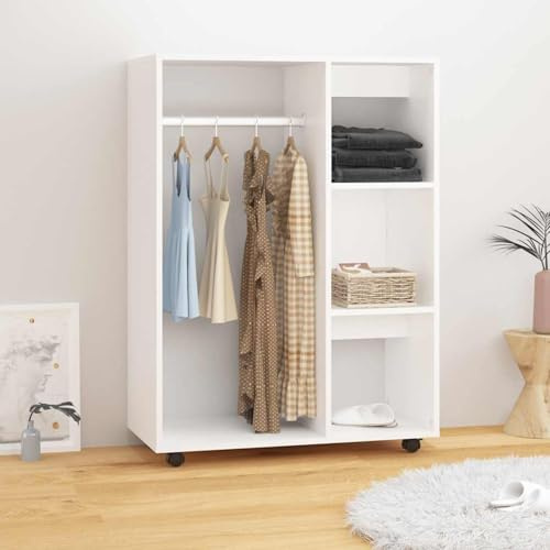 Keketa Garderob med öppet fack, 3 sidohyllor, garderob med hjul, garderobsskåp, golvskåp för sovrum, vardagsrum, vit, 80 x 40 x 110 cm, träbaserade material