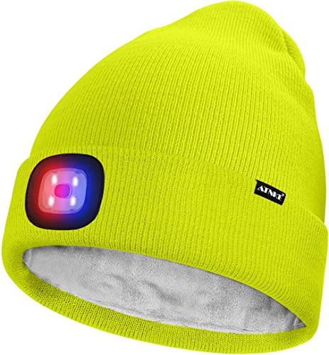 ATNKE Unisex LED Mütze mit Licht,Wiederaufladbare USB 4 LED Rot und Blau Leuchten Blinkender Laufmütze Lampe Warme Gefüttertes Fleece Stricken Mütze für Herren und Damen Geschenke/Fluorescent Yellow