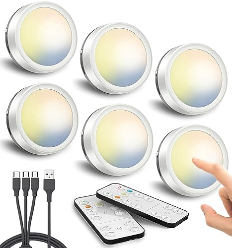 Dimbar LED-spot med batteri och fjärrkontroll, USB uppladdningsbar vitrinbelysning trådlös skåpbelysning magnet timer självhäftande lampa batteridriven hylla belysning rund inbyggd lampa för limning