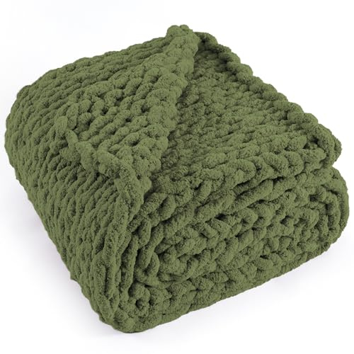 LONG CREATE Chunky stickad filt 127 cm x 152 cm, 100% handgjord med mjukt Chenille-garn, 2 kg tjocka kabelstickade filtar, stor repknut virkade överkast för bäddsoffa heminredning, olivgrön