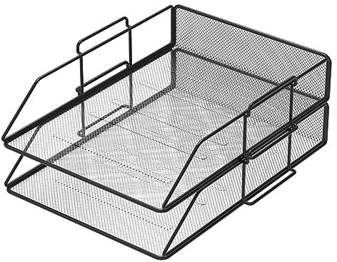 PORTENTUM Set de 2 Bandejas Portadocumentos de Malla Metálica, Tamaño A4, Negro - Organizador de Escritorio Apilable, Revistero, Archivador y Clasificador de Documentos, Correo y Cartas