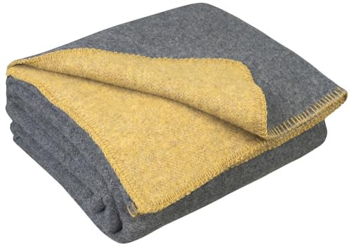 LYHome Coperta Lana - Pura e Calda Copriletto per Divano Letto Singolo, Plaid Invernale Autunnale, Coperte da Viaggio Esterni Campeggio Militare Esercito (130x170 cm | Senape - Grigio Doppio lato)