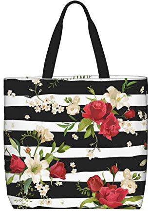 ESASAM Modische Einkaufstasche mit Strasssteinen und Schmetterlingen, schlichtes Design, modisches Reisen, Schwarz Weiß Streifen Rot Rose Blumen, Einheitsgröße