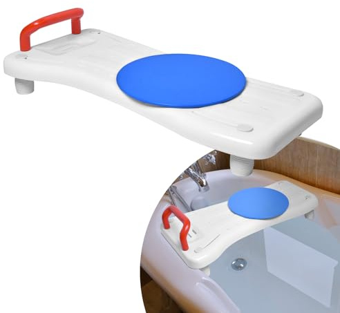 TRMLBE Badkarsstol för seniorer badkarsbräda med vridskiva i plast vit med tvålkopp och rött handtag badbrädor sittbräda badsits 75 cm för badkar badrum, lastkapacitet 150 kg