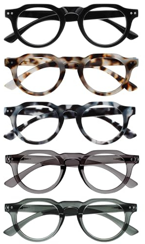 OPULIZE RIO Lesebrille mit Blaulichtfilter - 5er Pack - Runder Rahmen - Schwarz, Braun & Blau Schildpatt, Grün, Grau - Damen & Herren - BBBBB53-12367 - +1.00