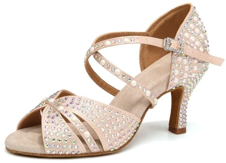 Uonpie Scarpe da Ballo Latino Donna con Strass Salsa Bachata Tango Performance Nude Scarpe Ballo da Sala, 37.5 EU