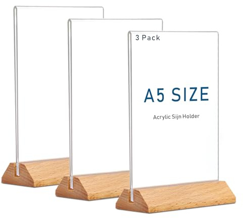 Rifeinoo Lot de 3 présentoirs de table en acrylique avec base en bois a5 pour cartes de menu, affiches, dépliants, menus, support en T pour feuilles A5