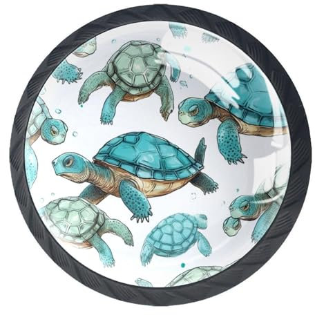 Türknäufe aus Glas und Stahl, für Küchenschränke, Truhe, Möbel, Schubladen, Türkis, Schildkröte, 4 Stück