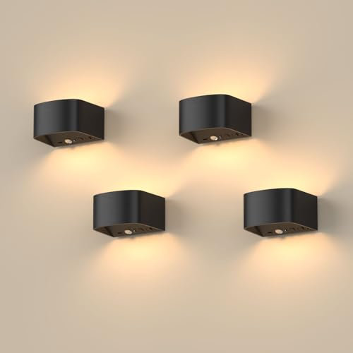 FULEN 4 Pack Wall Lights with Motion Sensor, Remote Control, 3 Colors, Up and Down Indoor LED Wall Sconces, On and Auto Modes, 5000mAh Rechargeable Battery Operated Wall Lamps, Brightness Adjustable