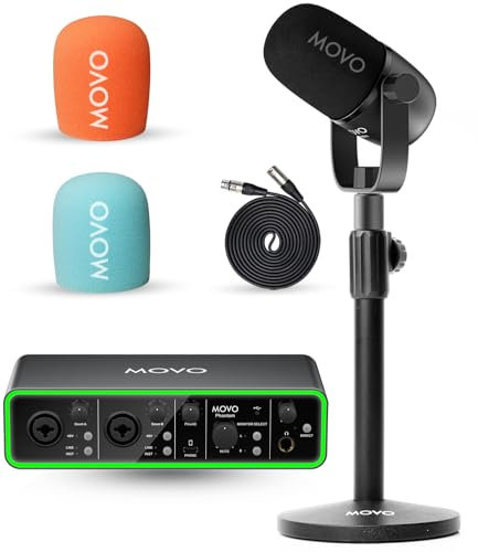 Movo Music Audio Interface Bundle - Phantom USB Audio Interface, CastMic XLR Dynamic Microphone, and Tabletop Stand - Professional Studio Equipment for Musicians, Singers, and Producers