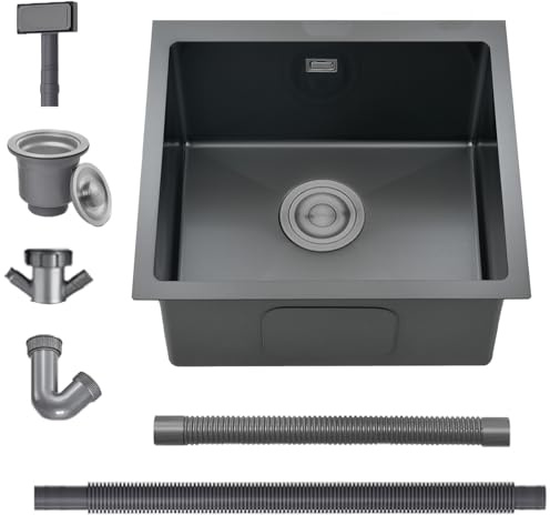 BoomHoze Fregadero Cocina 40 x 40 cm, Fregadero Acero Inoxidable，Negro | Fregadero Compatible Instalación sobre, bajo y a fleur de Encimera, Incluye Rebosadero y Cesta Filtro