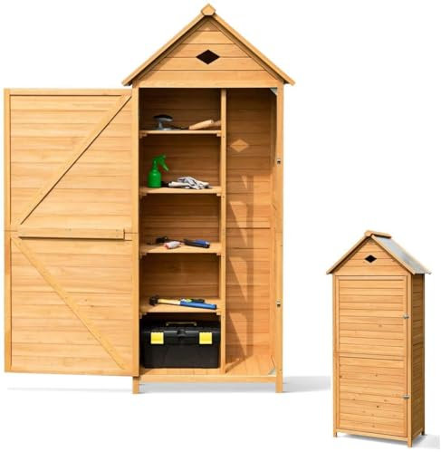 RELAX4LIFE Casetta da giardino in legno di abete con porta di chiusura, tetto zincato, 5 ripiani e vano, capannone giardino esterno