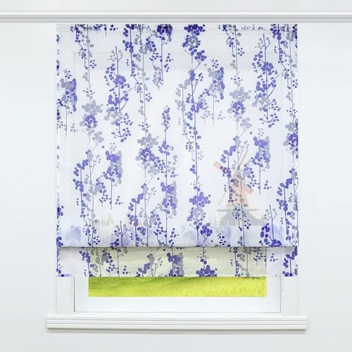 CORLIF Voile Raffrollo mit Klettband Gardinen Küche Halbtransparent Raffgardinen Kinderzimmer Vorhänge Modern Blau BxH 140x140cm 1 Stück
