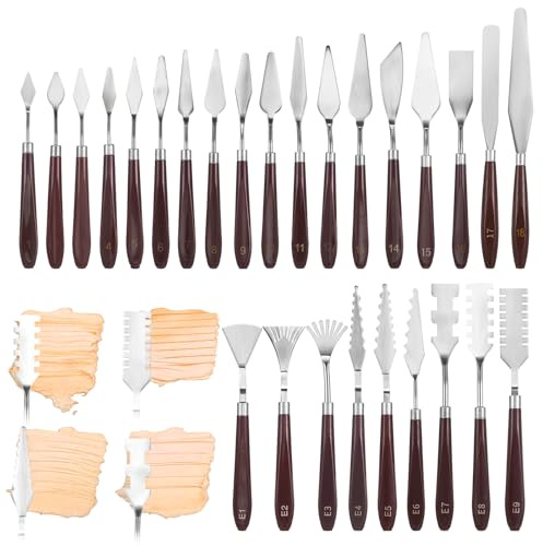 MBAIYO 27 Pcs Palette Knife Set, Stainless Steel Painting Knife Set Wood Handle Palette Knives Paint Spatula Pallet Knives for Acrylic Paint Tools for Canvas Oil Painting Mixing and Texturing
