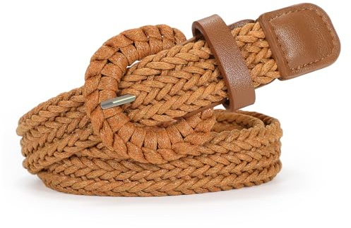 VONMELLI Schmaler Gürtel Damen Geflochtener Gürtel Retro Stretchgürtel Rattan Gewebter Taillengürtel für Sommermode Kleid Jeans Hose Braun Passend für Taillen bis zu 88 cm