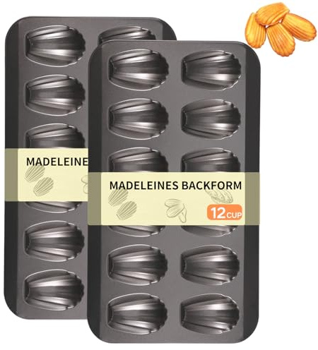 Gatphy 2 stycken Madeleines bakform 40 x 22,5 cm kolstål, madeleineform med 12 x mussla form, non-stick beläggning, enhetlig uppvärmning för bakning sockerkex shortbread (svart)
