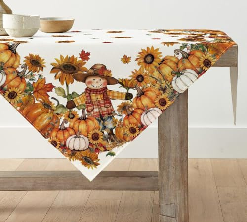 Artoid Mode Vogelscheuche Sonnenblumen Kürbisse Herbst 85x85 cm Tischdecke | Saisonal Blätter Ahornblätter Fall Tischwäsche Küche Tisch Dekoration Drinnen Urlaub Party Dekor
