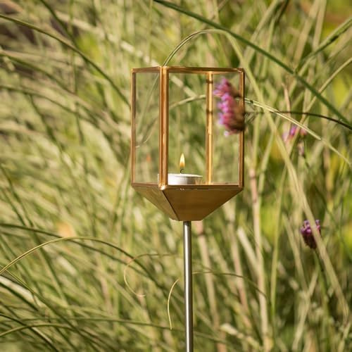 Crocus Collection 89cm Tealight Lantern Stake Brushed Brass and Toughened Glass Candle Holder