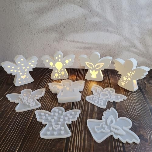 5 Stück Silikonformen Gießformen Engel, 3D Silikonform Engel mit Herz Stern Gießformen Silikon Engel Ballon Gipsformen zum Gießen Giessform Engel mit Basis Silikonform Weihnachten für 3D-Licht