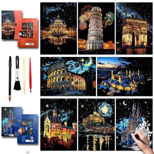 SiYear Kratz-Kunst-Malpapier-Set für Erwachsene & Kinder, Landmark Building City Series Nachtszene, Kratzboard Kreatives Geschenk DIY Folien-Gravur-Basteln mit 4 Werkzeugen (Europa-Serie-A3-8er-Pack)