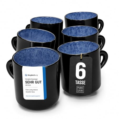 Steingut kleine Tassen 6 Pers. Ibiza Hochwertiges Mediterranes TEST SEHR GUT Tassen Set, Spülmaschinen-, Mikrowellen- und Kratzfest - Stylisches Tee- und Kaffeebecher Set - Pure Living in Tiefblau