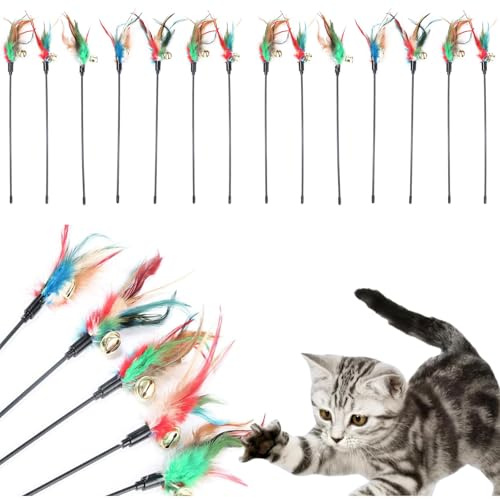 BAOSROY Jouet Chat Interieur,Jouet Chats,14pcs Jouets Chat Interactif,Jouets Plumes,Coloré Plumes Courte Tige Interactive Bâton Toys,pour l'intérieur Chatons