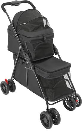 Hundetrolley Hundewagen Katzentrolley Pet Stroller Hunde Wagen Katzen Wagen Hundebuggy 2-lagig Für Kleine Mittelgroße Hunde Katzen Bis 20 kg Faltbar Mit Belüftung Und Bremsen (Schwarz)