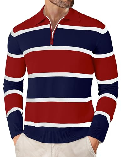 EDITCOZY Men Big and Tall Long Sleeve Polo Shirts Casual Vintage Striped Golf Shirts Knit Rugby Shirt Lightweight Polo Sweater Red 3XL